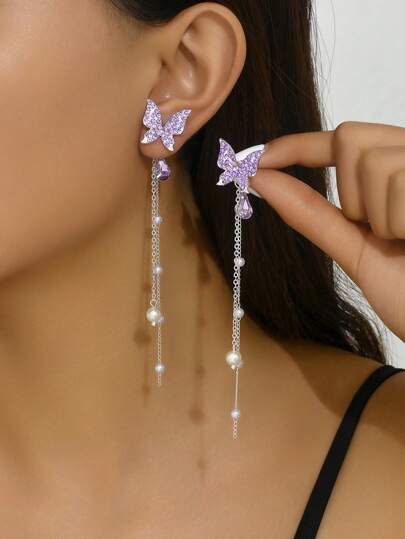 1对女士时尚蝴蝶链条流苏吊坠耳环，户外旅行派对节日装扮礼物。情人节配饰