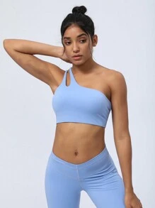 Áo ngực thể thao một vai họa tiết mây chống sốc cho nữ có dây đeo sau lưng không đối xứng, hoàn hảo cho chạy bộ, tập thể dục và yoga - Màu xanh nhạt - Xem 5
