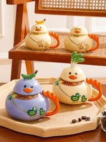Quirky Original Design Ceramic Duck-Shaped Mug With Lid, Breakfast Cup - Yellow - View 2