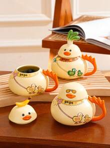 Quirky Original Design Ceramic Duck-Shaped Mug With Lid, Breakfast Cup - Yellow - View 6