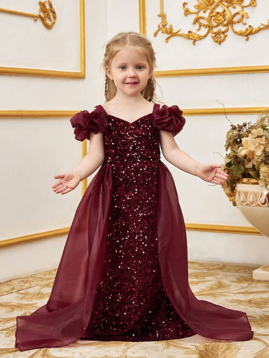 Elegant Off-Shoulder Mermaid Evening Dress For Young Girl, Featuring Ruffle Details And Flowing Organza Chiffon Panels, Suitable For Formal Occasions Such As Graduation Prom - Burgundy - View 1