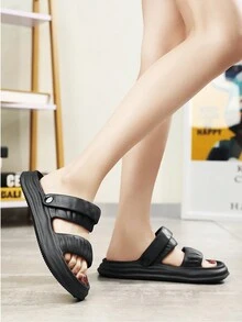 女士室内拖鞋 新款夏季浴室防滑厚底舒适 Eva 拖鞋 适合居家和户外使用，黑色 - 黑色 - 查看 4