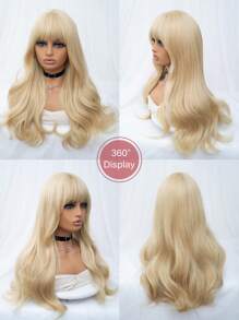 1-Piece Synthetic Heat Resistant Long Curly Wavy Hair With Bangs Wig Milk Tea Gold 24 Inch Fully Machine Woven Daily Natural Realistic Blonde Wig Christmas Y2k Gift
