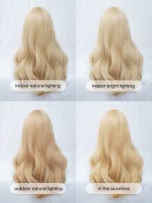1-Piece Synthetic Heat Resistant Long Curly Wavy Hair With Bangs Wig Milk Tea Gold 24 Inch Fully Machine Woven Daily Natural Realistic Blonde Wig Christmas Y2k Gift