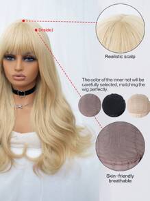 1-Piece Synthetic Heat Resistant Long Curly Wavy Hair With Bangs Wig Milk Tea Gold 24 Inch Fully Machine Woven Daily Natural Realistic Blonde Wig Christmas Y2k Gift