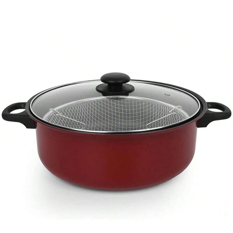 2L Non Stick Chip Pan Deep Fat Fryer Cooking Basket Pot Frying 24cm W/ Lid Set - Red - View 1