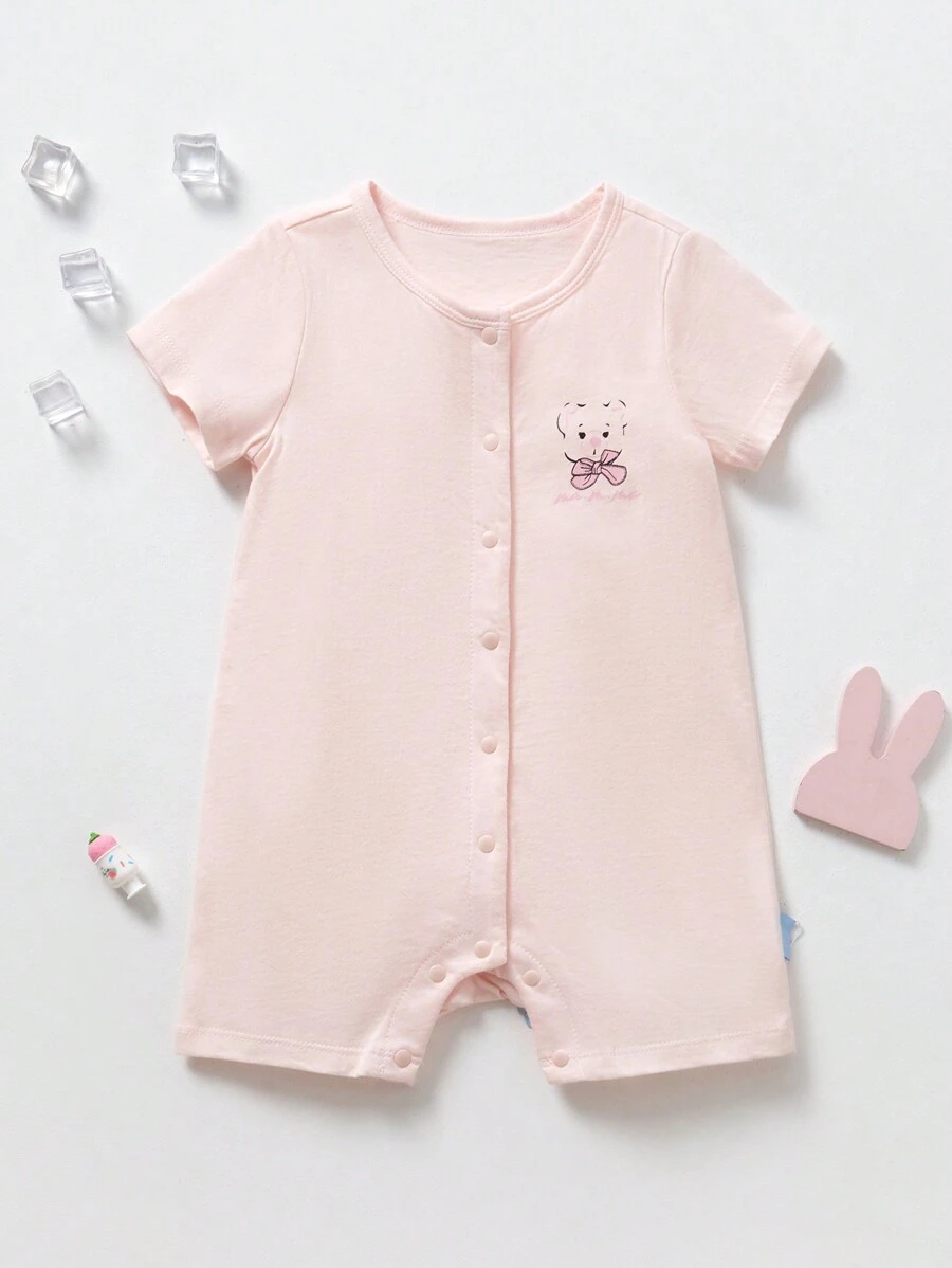 嬰兒女寶寶簡約粉色短袖連體衣 - 淺粉色 - 查看 1