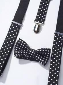 2pcs Polka Dot Bow Tie & Suspender Set, Suitable For Holiday Parties - Black and White - View 5