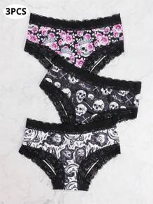3pcs Gothic Contrast Lace Hipster Panties, Halloween Skull & Skeleton Man Print Intimates Panties, Women's Underwear & Lingerie