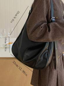 女士复古风格大容量单肩包，富有品质感，适合上班、上学、购物、聚会等，潮流日式包包 - 黑色 - 查看 8