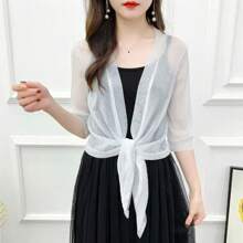 1Pc Glitter Tie Up Open Front Shrug Ladies Shawl Cropped Beach Summer Sun Protection Clothing Air-Conditioning Shirt