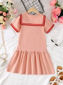Tween Girls' Casual Heart Print Navy Collar Dress - Dusty Pink - View 2
