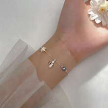 925 纯银花卉和蜜蜂手链，甜美雏菊花形设计，镶嵌方晶锆石，是送给家人和朋友的优雅礼物 - 銀色 - 查看 3