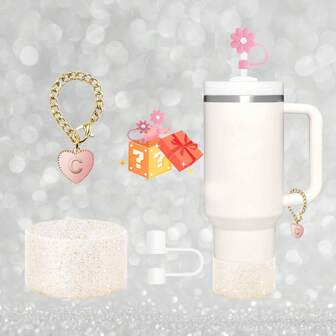 4PCS Accessories For Cups Including 1 Piece Glitter Silicone Boot Sleeve For Cup Accessories 20-40oz,1Piece Name Letter Charm,1Piece White Straw Cap Cover And 1 Piece RANDOM Flower Straw Cap Cover, Anti Slip Bottom Cover Bumper For Water Sport Bottles With Personalized Identification Set For Tumblers, Mother's Day Gift