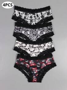 Morvia 4 Piezas De Bragas De Cintura Baja Góticas Con Encaje De Contraste, Bragas Íntimas Con Impresión De Calaveras Y Esqueletos Para Mujeres, Ropa Interior Y Lencería