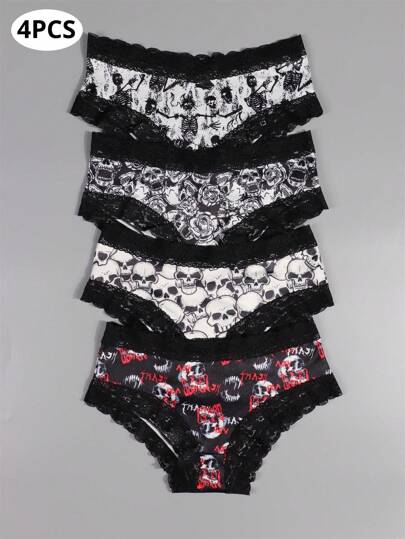 Morvia 4 Piezas De Bragas De Cintura Baja Góticas Con Encaje De Contraste, Bragas Íntimas Con Impresión De Calaveras Y Esqueletos Para Mujeres, Ropa Interior Y Lencería