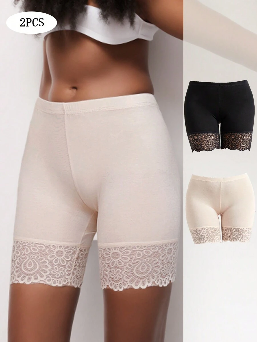 2pcs Women's Lace Three Quarter Pants Shorts Underwear - Multicolor - View 1