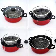2L Non Stick Chip Pan Deep Fat Fryer Cooking Basket Pot Frying 24cm W/ Lid Set - Red - View 6