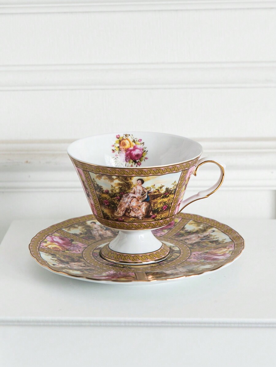 1 Cup, 1 Saucer, 1 Spoon HandPainted Gold Rimmed Coffee Cup & Saucer