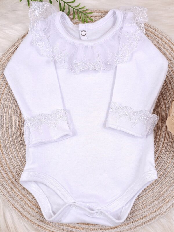 Pure & Posh Baby Body Bebê Gola e Punho Rendado Manga Longa 100% Algodão