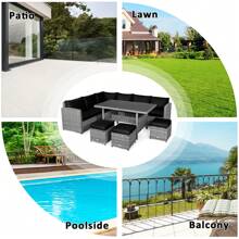 7 PCS Patio Rattan Dining Set Sectional Sofa Couch Ottoman Garden White\Red\Black - Black - View 5