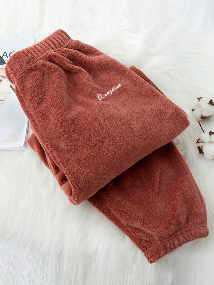 1pc Ladies' Coral Fleece Warm Pants In Redwood Color - Redwood - View 1