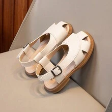 1 par de sandalias planas con cierre de gancho y bucle, estilo sencillo y antideslizante, adecuadas para el verano para niñas - Blanco - Ver 4