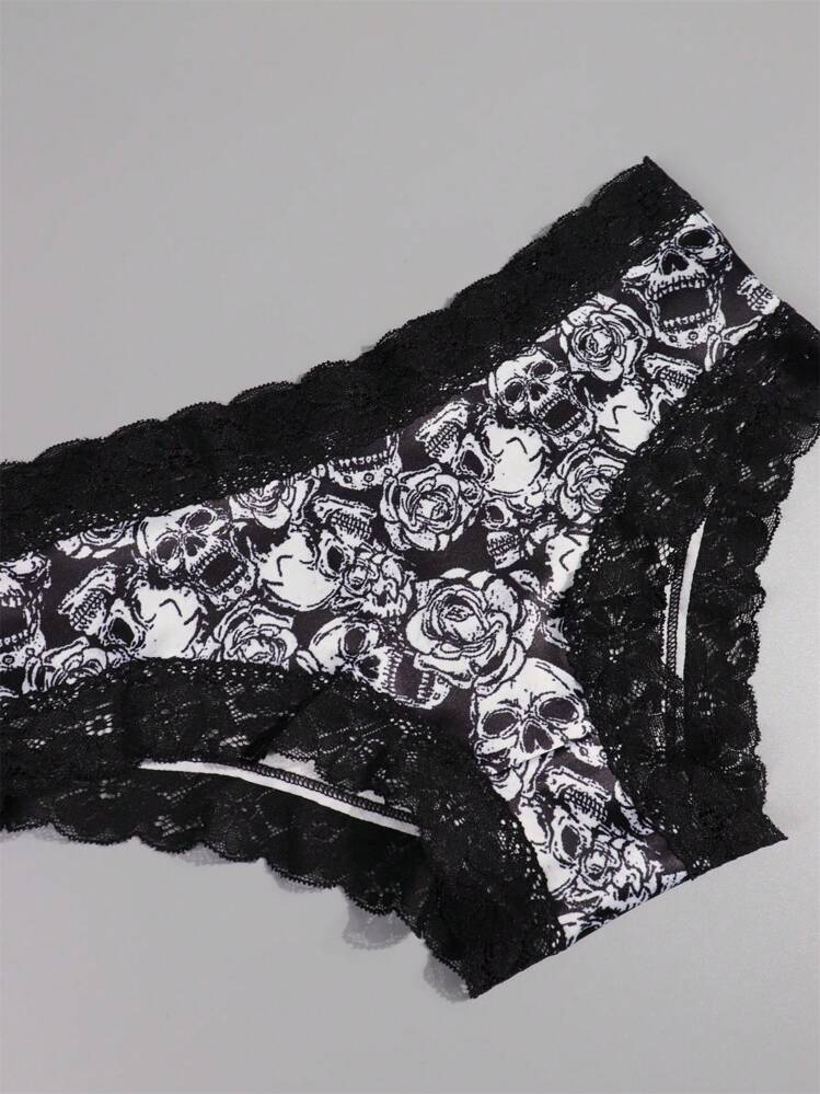 ROMWE 4pcs Gothic Contrast Lace Hipster Panties, Halloween Skull & Skeleton Man Print Intimates Panties, Women's Underwear & Lingerie - Multicolor - View 7