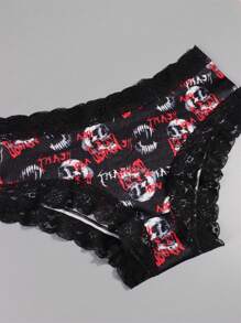 Morvia 4 Piezas De Bragas De Cintura Baja Góticas Con Encaje De Contraste, Bragas Íntimas Con Impresión De Calaveras Y Esqueletos Para Mujeres, Ropa Interior Y Lencería