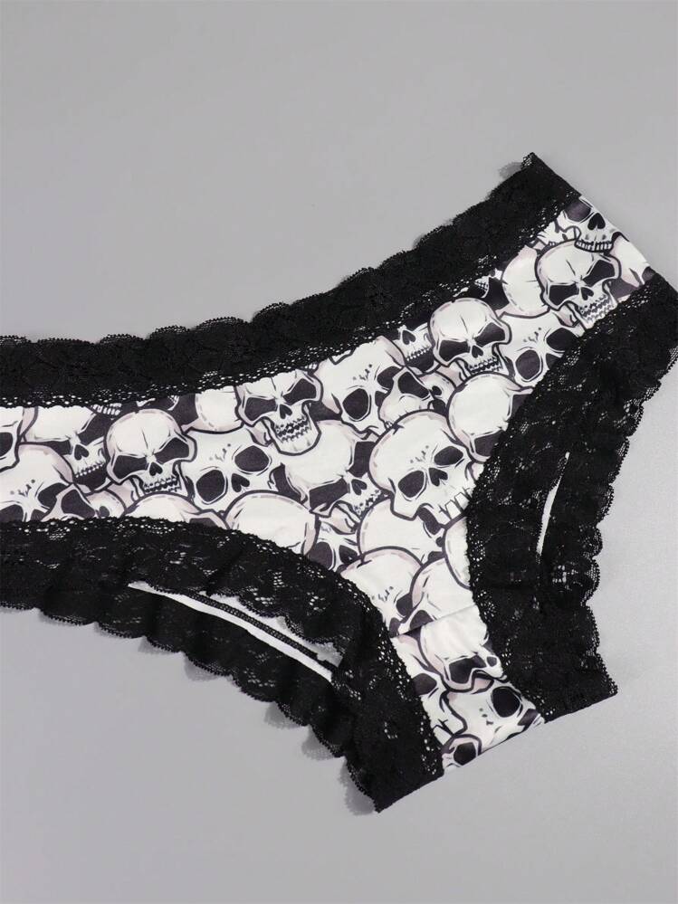 ROMWE 4pcs Gothic Contrast Lace Hipster Panties, Halloween Skull & Skeleton Man Print Intimates Panties, Women's Underwear & Lingerie - Multicolor - View 6