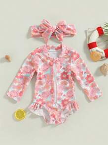 Toddler Baby Girl One-Piece Swimsuit Floral Print Zipper Long Sleeve Ruffled Swimwear Bathing Headban Suit