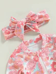 Toddler Baby Girl One-Piece Swimsuit Floral Print Zipper Long Sleeve Ruffled Swimwear Bathing Headban Suit