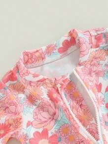 Toddler Baby Girl One-Piece Swimsuit Floral Print Zipper Long Sleeve Ruffled Swimwear Bathing Headban Suit