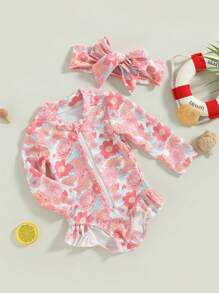 Toddler Baby Girl One-Piece Swimsuit Floral Print Zipper Long Sleeve Ruffled Swimwear Bathing Headban Suit