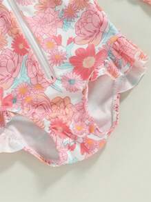 Toddler Baby Girl One-Piece Swimsuit Floral Print Zipper Long Sleeve Ruffled Swimwear Bathing Headban Suit