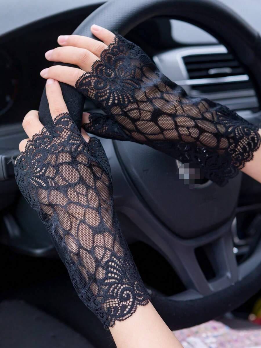 1 đôi Mùa xuân/Mùa hè Của phụ nữ Ren Găng tay , Gợi cảm Ngắn Ren Găng tay cụt ngón Với Hoa Cạnh , Chống nắng Đối với - găng tay nửa ngón - Xem 1