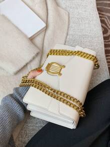 1pc Portable Solid Color Shoulder Bag With Metal Decoration And Flip Cover, Suitable For Women's Daily Use - White - View 5