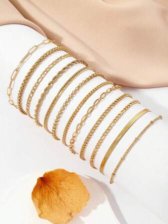 12pcs Stainless Steel Gold, Silver Stylish Simple Bracelet Set, Suitable For Daily Decoration Or Gift Giving