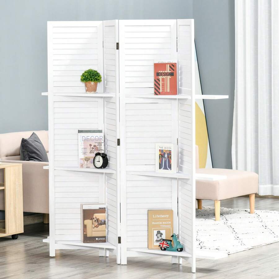 HOMCOM Biombo Separador de Madera de 4 Paneles Divisor de Habitaciones Plegable con 3 Estantes Extraíbles Diseño Persiana para Dormitorio Oficina 160x170 cm Blanco - Blanco - Ver 1