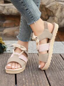 Women's Woven Detail Cross Strap Open Toe Lace-Up Heeled Sandals, Flat Sandals For Vacation Summer
