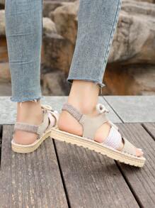 Women's Woven Detail Cross Strap Open Toe Lace-Up Heeled Sandals, Flat Sandals For Vacation Summer