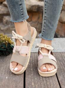 Women's Woven Detail Cross Strap Open Toe Lace-Up Heeled Sandals, Flat Sandals For Vacation Summer