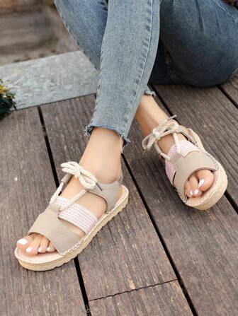 Women's Woven Detail Cross Strap Open Toe Lace-Up Heeled Sandals, Flat Sandals For Vacation Summer