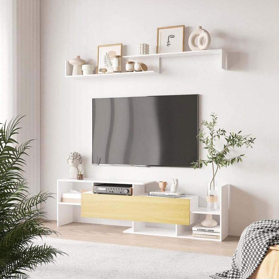 HOMCOM Mueble de Salón para TV Conjunto Muebles de TV con Mesa para Televisor 153,6x25x42 cm y Estante de Pared 150x14,5x16,3 cm Blanco y Natural - Multicolor - Ver 1