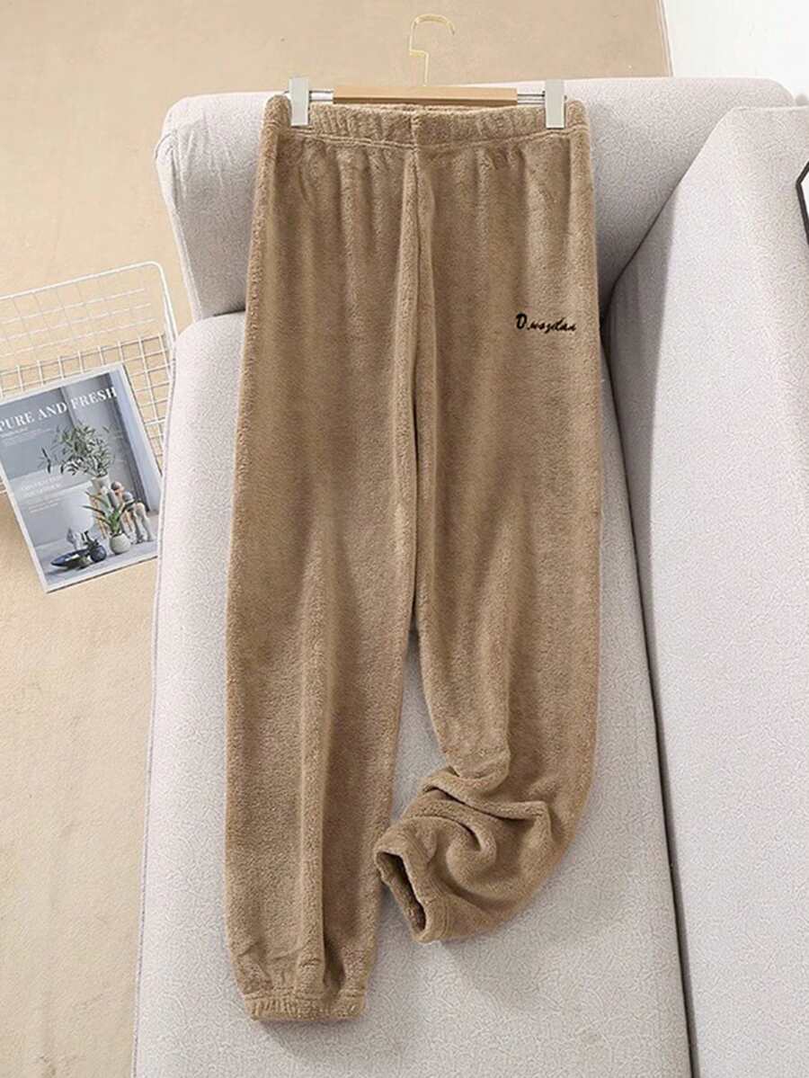 1件女士秋冬珊瑚絨家居保暖長褲,搭配字母刺繡,適用於日常穿著 - 卡其色 - 查看 1