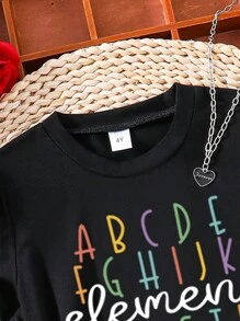 Young Girl's Letter Printed Short Sleeve T-Shirt - Black - View 2