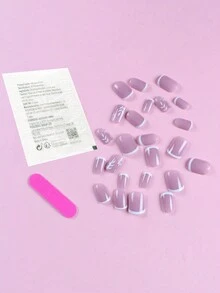 24入組短方形法式透明亮片假指甲和1支指甲銼和1片膠帶壓縮指甲，指甲用品 - 彩色 - 查看 2