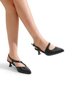 Women's Low Kitten Heels Slingback Adjustable Strap Pointed Closed Toe Pumps For Comfort Wedding Dress Prom Shoes - màu đen - Xem 4