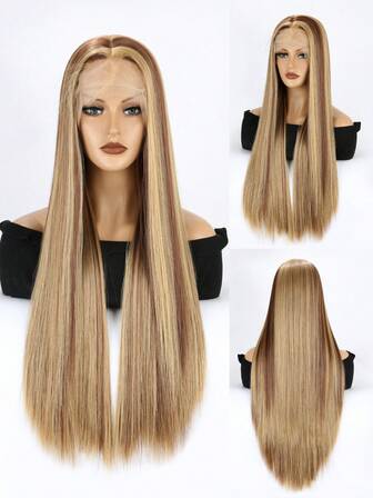 女性用合成花邊前髮長絲直發無粘著天然耐高溫纖維自然假髮帶有26吋蜜色金髮和13×3設計的自然髮線