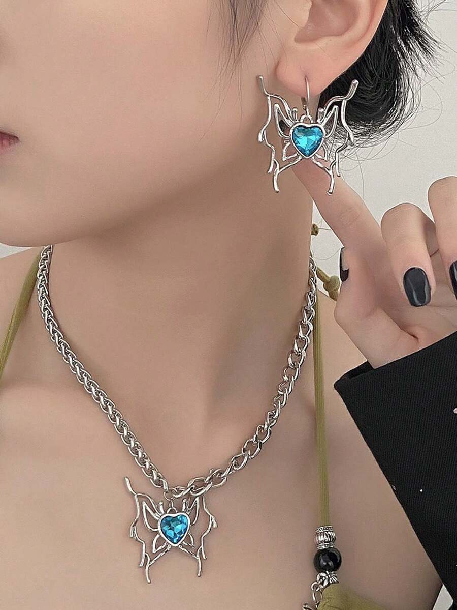 1套仿藍寶石鑲嵌的心形蝴蝶項鍊和耳環,甜美又時髦的女孩配件 - 銀色 - 查看 1